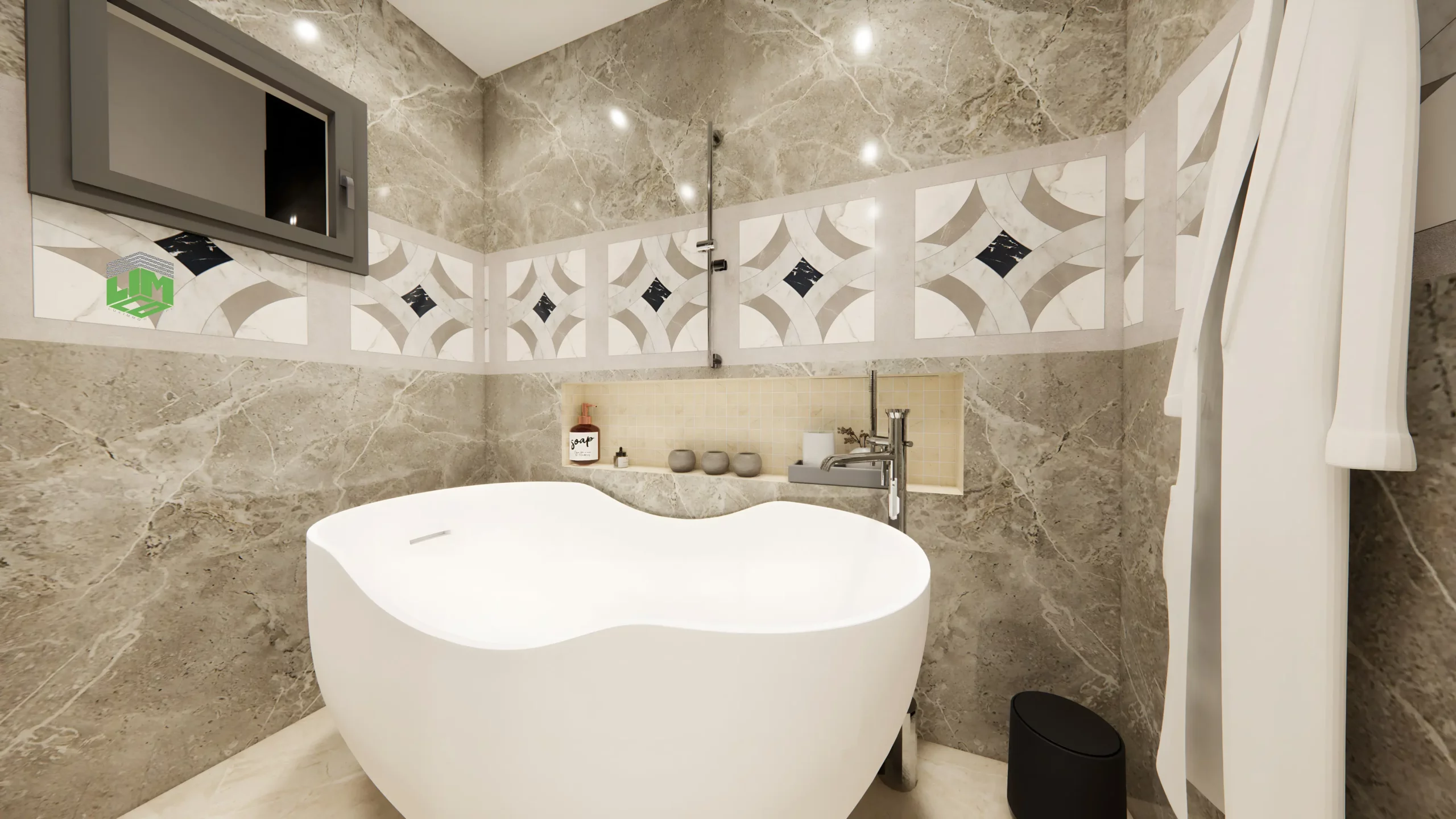 A modern freestanding white bathtub in a bathroom with beige marble walls and a decorative geometric tile border.
