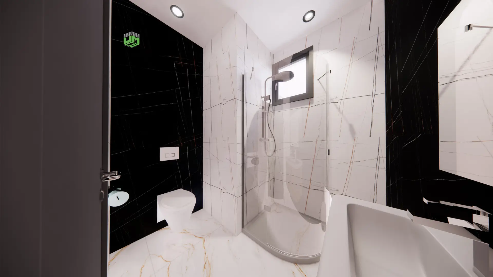 Une salle de bain contemporaine avec un carrelage en marbre noir et blanc contrasté, une cabine de douche en verre et des toilettes suspendues.