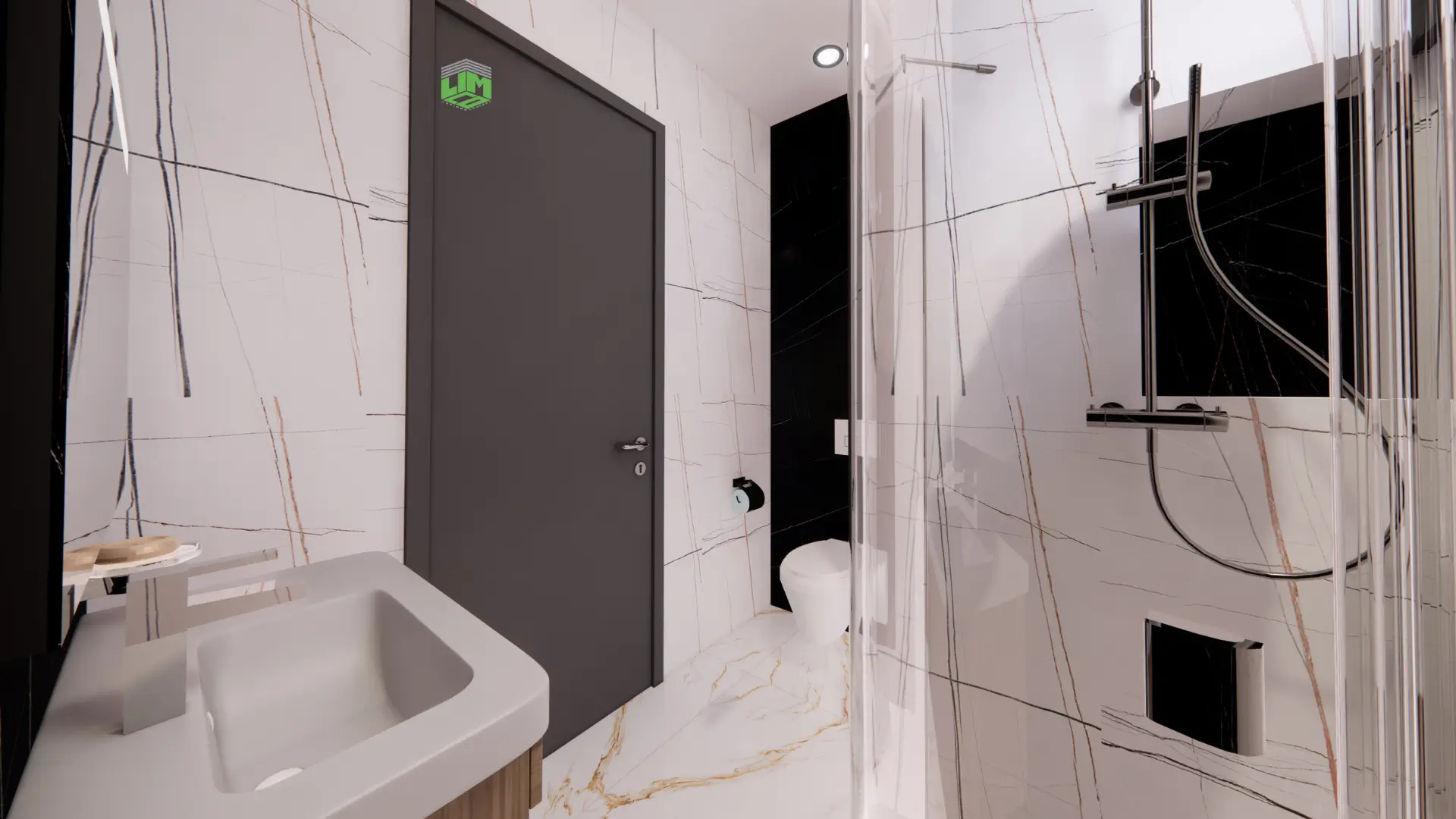 Une salle de bains luxueuse avec des murs en marbre blanc avec des veines dorées, une porte gris anthracite, une douche en verre et des luminaires minimalistes modernes.